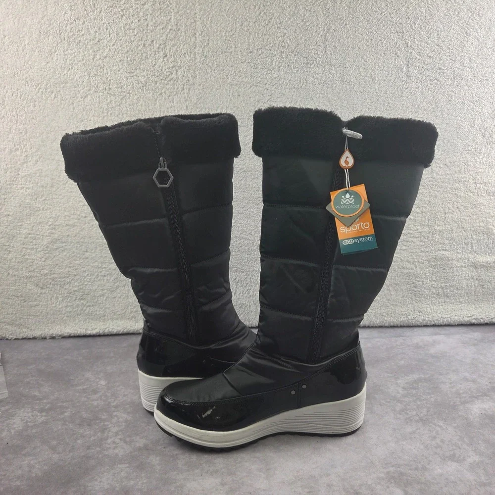 Sporto Womens Black Quilted Puffer Snow Boots Faux Fur Trim Wedge Heel Size 11M